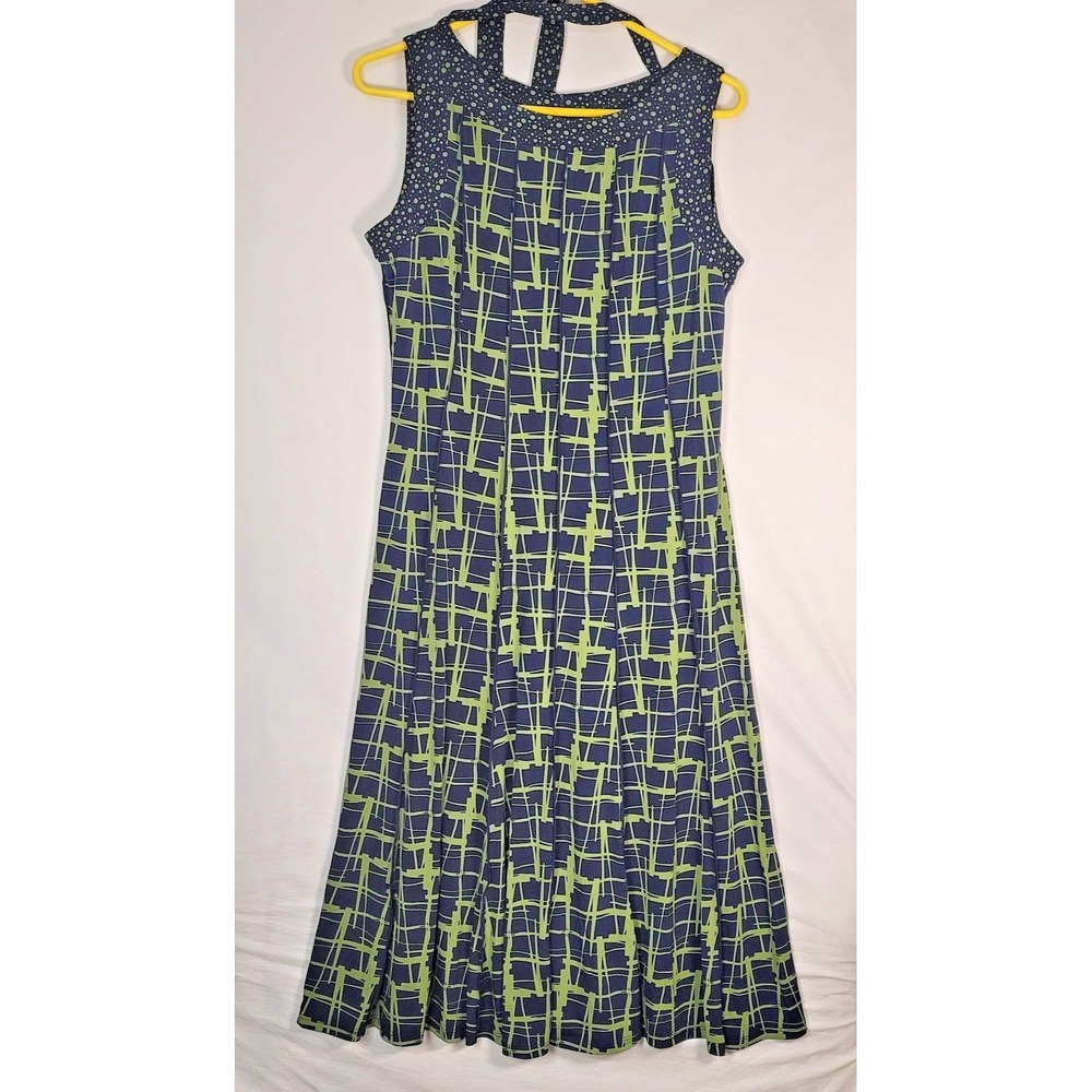 Perceptions New York Dress Womens M Blue Green Sleeveless Midi Tie‎ Waist Career - Picture 2 of 13